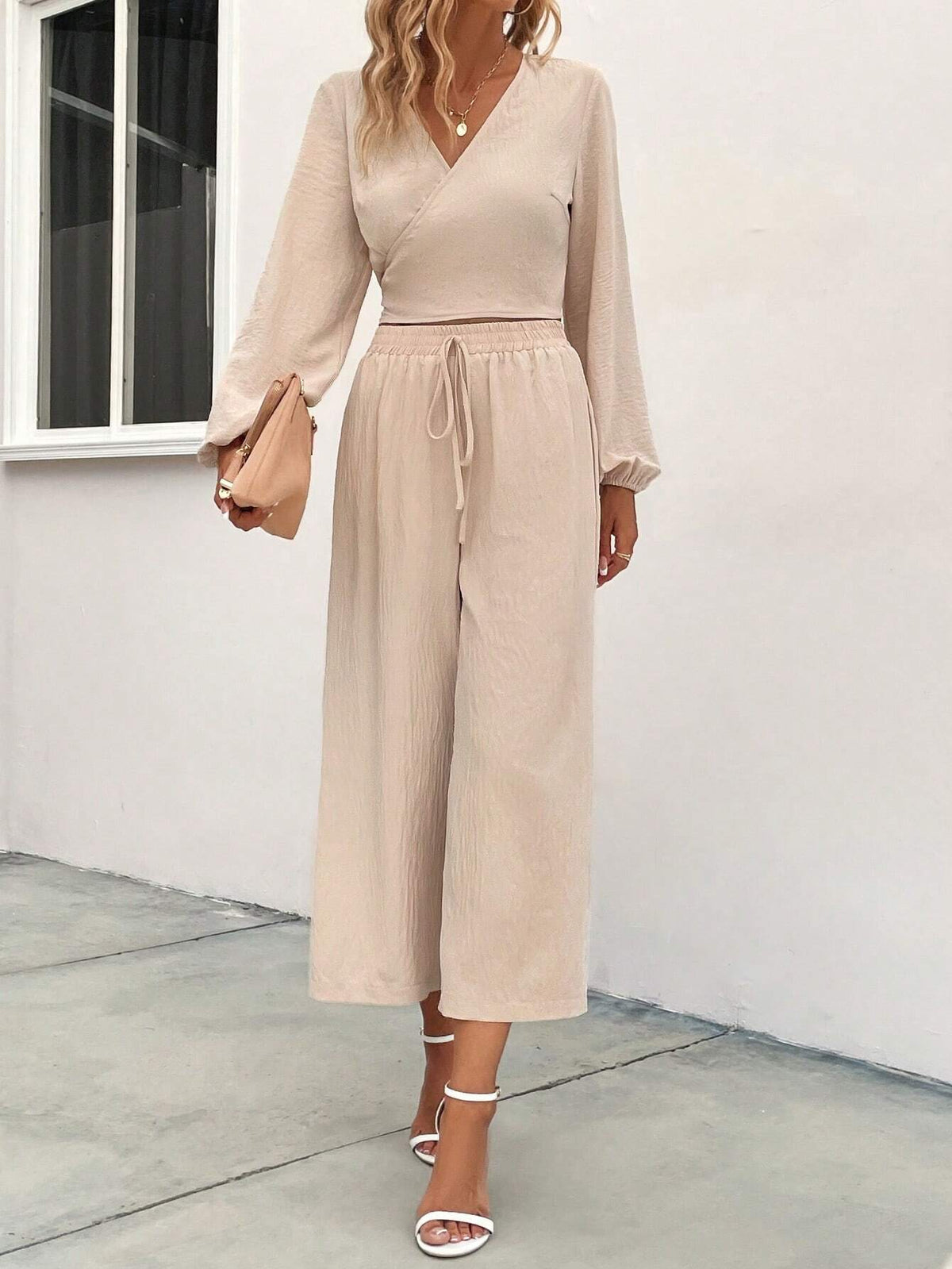 Solid Wrap Crop Top & Knot Front Wide Leg Pants