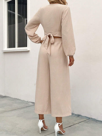 Solid Wrap Crop Top & Knot Front Wide Leg Pants