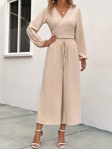 Solid Wrap Crop Top & Knot Front Wide Leg Pants