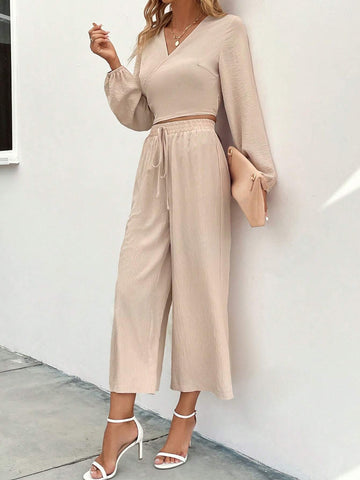 Solid Wrap Crop Top & Knot Front Wide Leg Pants