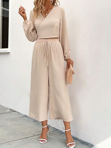Solid Wrap Crop Top & Knot Front Wide Leg Pants