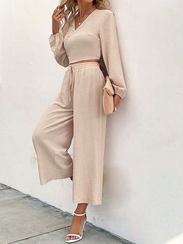 Solid Wrap Crop Top & Knot Front Wide Leg Pants