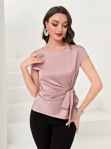 Solid Tie Front Batwing Sleeve Blouse