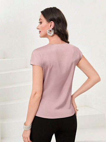 Solid Tie Front Batwing Sleeve Blouse