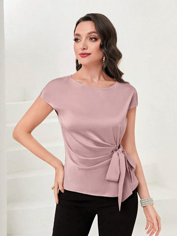 Solid Tie Front Batwing Sleeve Blouse