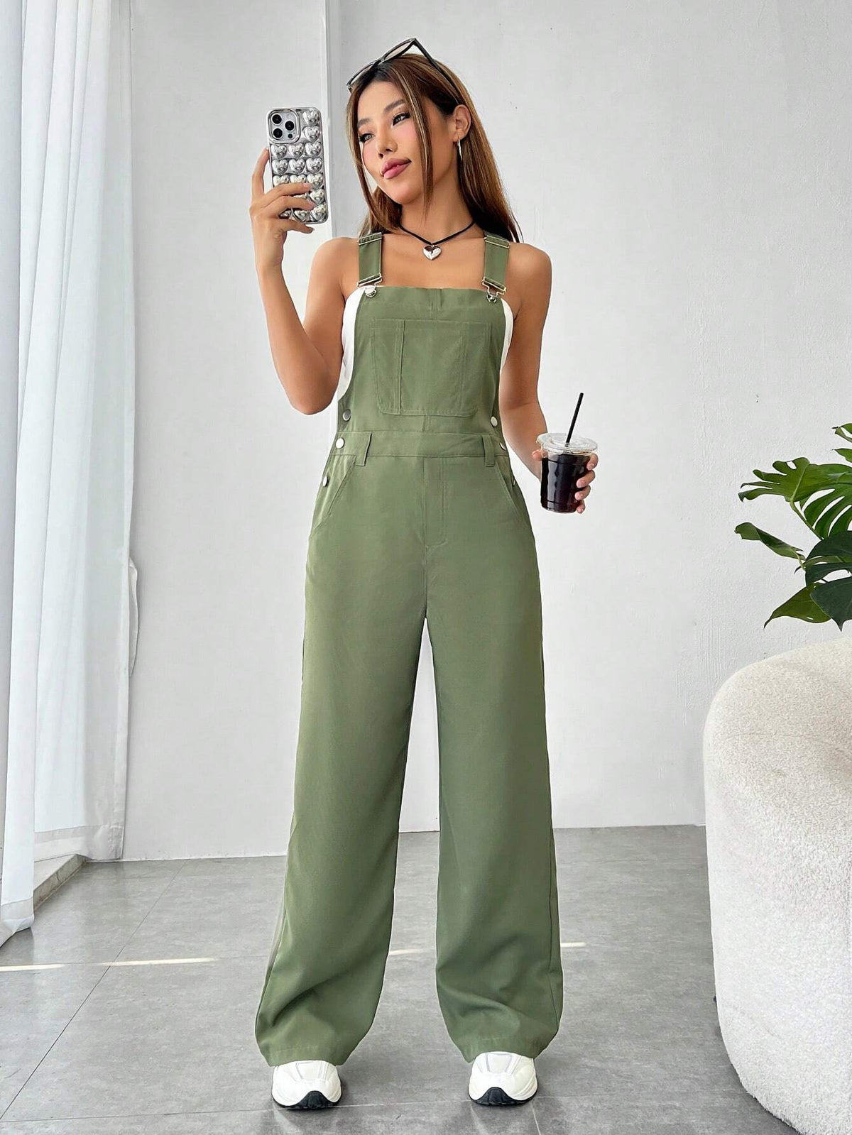 Solid Pocket Front Overall Jumpsuit Without Tube Top