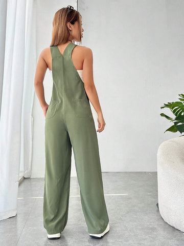 Solid Pocket Front Overall Jumpsuit Without Tube Top