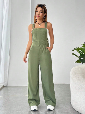 Solid Pocket Front Overall Jumpsuit Without Tube Top