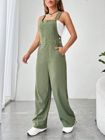 Solid Pocket Front Overall Jumpsuit Without Tube Top