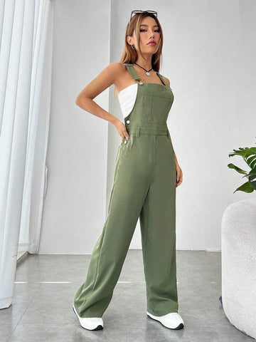 Solid Pocket Front Overall Jumpsuit Without Tube Top