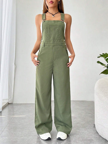 Solid Pocket Front Overall Jumpsuit Without Tube Top