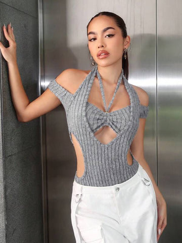 Cut Out Halter Neck Backless Bodysuit