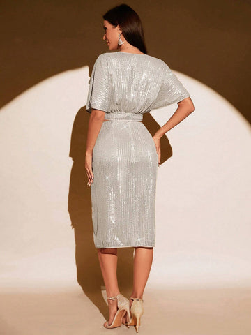 Glitter Butterfly Sleeve Crop Top & Split Thigh Skirt