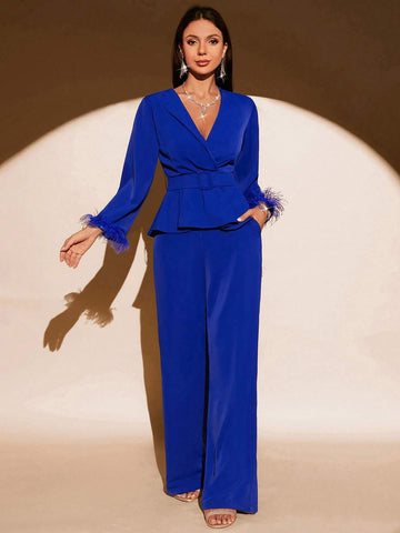 Fuzzy Cuff Belted Blazer & Wide Leg Pants