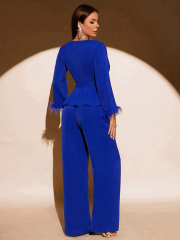 Fuzzy Cuff Belted Blazer & Wide Leg Pants