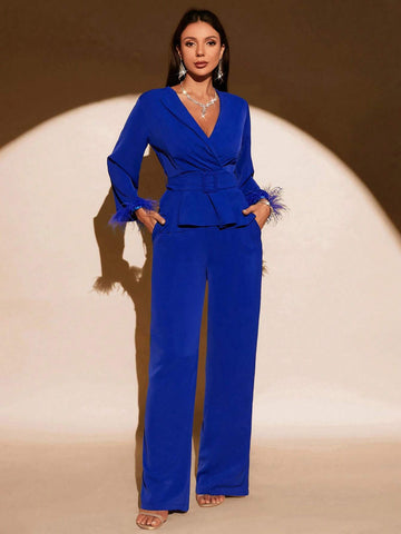 Fuzzy Cuff Belted Blazer & Wide Leg Pants