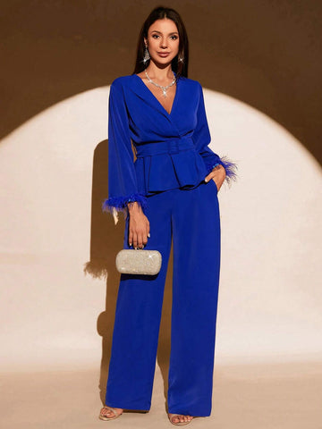 Fuzzy Cuff Belted Blazer & Wide Leg Pants