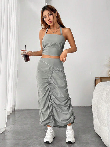 Solid Crop Halter Top & Ruched Skirt