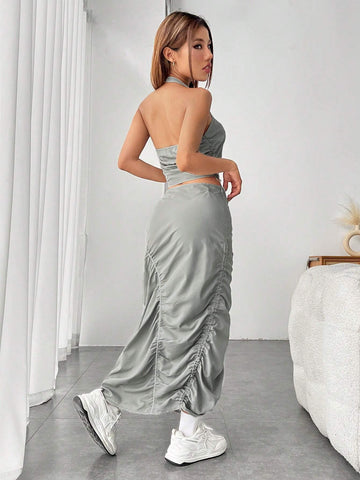 Solid Crop Halter Top & Ruched Skirt