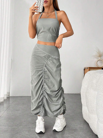 Solid Crop Halter Top & Ruched Skirt