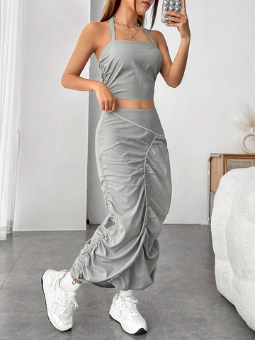 Solid Crop Halter Top & Ruched Skirt