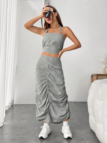 Solid Crop Halter Top & Ruched Skirt