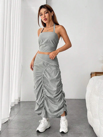 Solid Crop Halter Top & Ruched Skirt