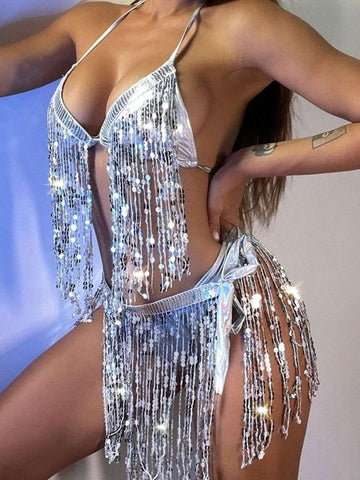 Apperloth A 3pcs Rave Sequin Fringe Trim Tie Backless Halter Top & Knot Side Partyt & Panty