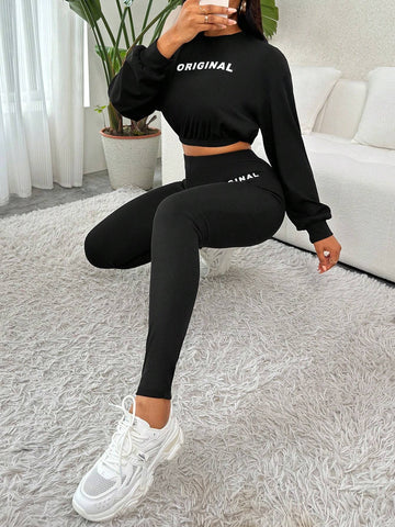 Letter Graphic Drop Shoulder Crop Sweatshirt & Leggings