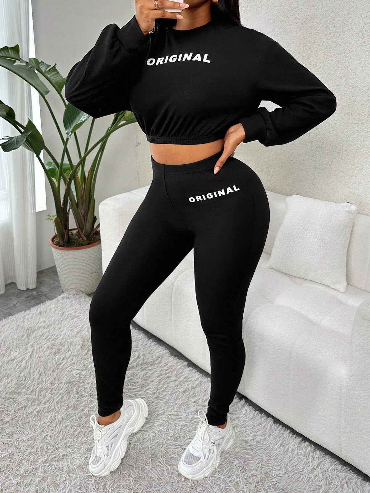 Letter Graphic Drop Shoulder Crop Sweatshirt & Leggings