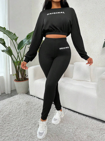 Letter Graphic Drop Shoulder Crop Sweatshirt & Leggings