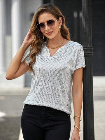 Notched Neck Batwing Sleeve Sequin Blouse