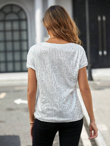 Notched Neck Batwing Sleeve Sequin Blouse