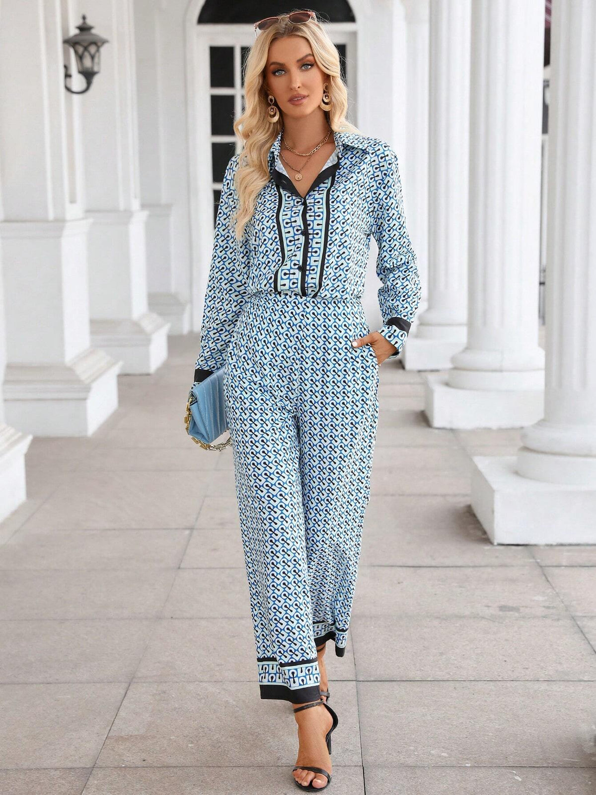 Allover Print Contrast Binding Shirt & Pants