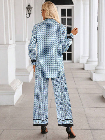 Allover Print Contrast Binding Shirt & Pants