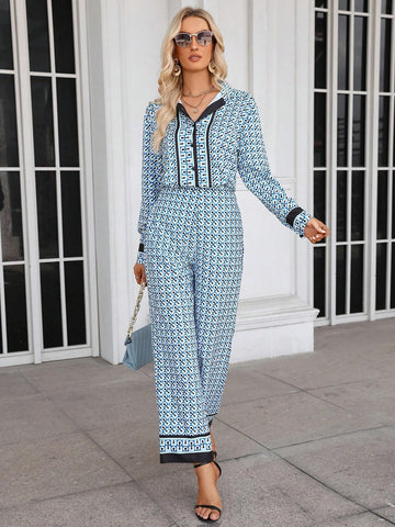 Allover Print Contrast Binding Shirt & Pants