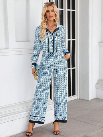 Allover Print Contrast Binding Shirt & Pants