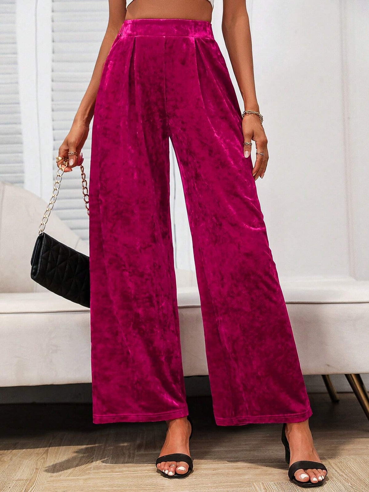 High Waist Velvet Wide Leg Pants