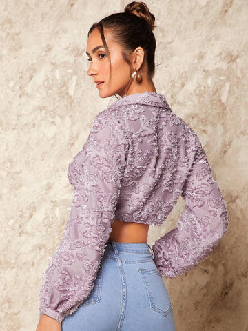 Lantern Sleeve Fuzzy Crop Blouse