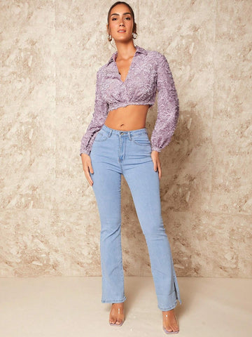 Lantern Sleeve Fuzzy Crop Blouse