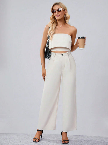 Solid Tube Top & Wide Leg Pants Workwear