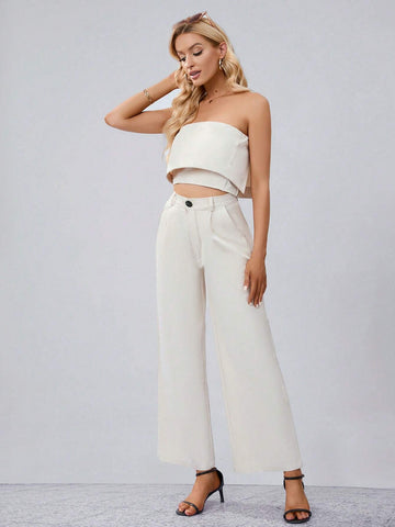 Solid Tube Top & Wide Leg Pants Workwear