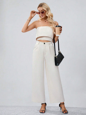 Solid Tube Top & Wide Leg Pants Workwear