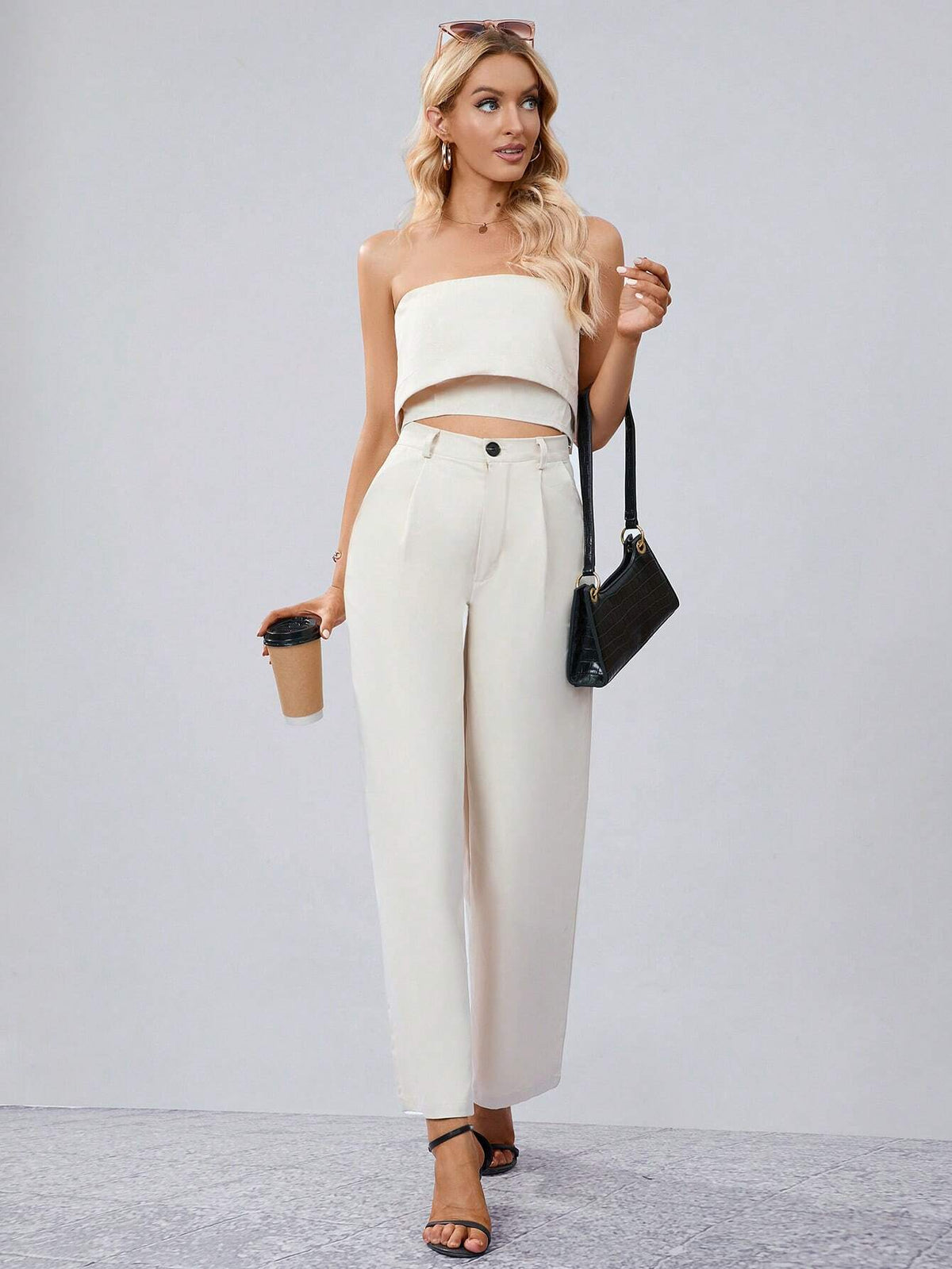 Solid Tube Top & Wide Leg Pants Workwear