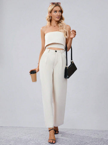 Solid Tube Top & Wide Leg Pants Workwear