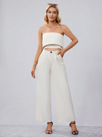 Solid Tube Top & Wide Leg Pants Workwear