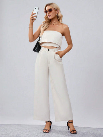 Solid Tube Top & Wide Leg Pants Workwear