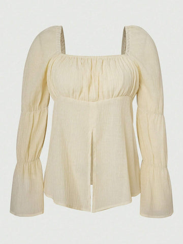 Square Neck Flounce Sleeve Split Hem Blouse