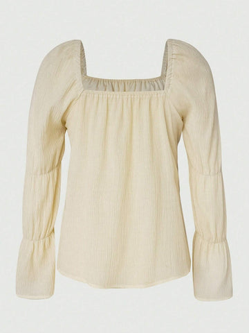 Square Neck Flounce Sleeve Split Hem Blouse
