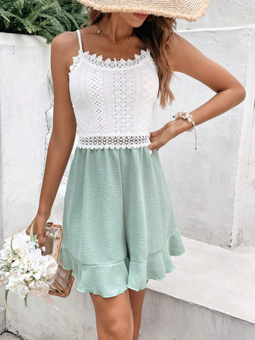 Two Tone Guipure Lace Panel Ruffle Hem Cami Romper